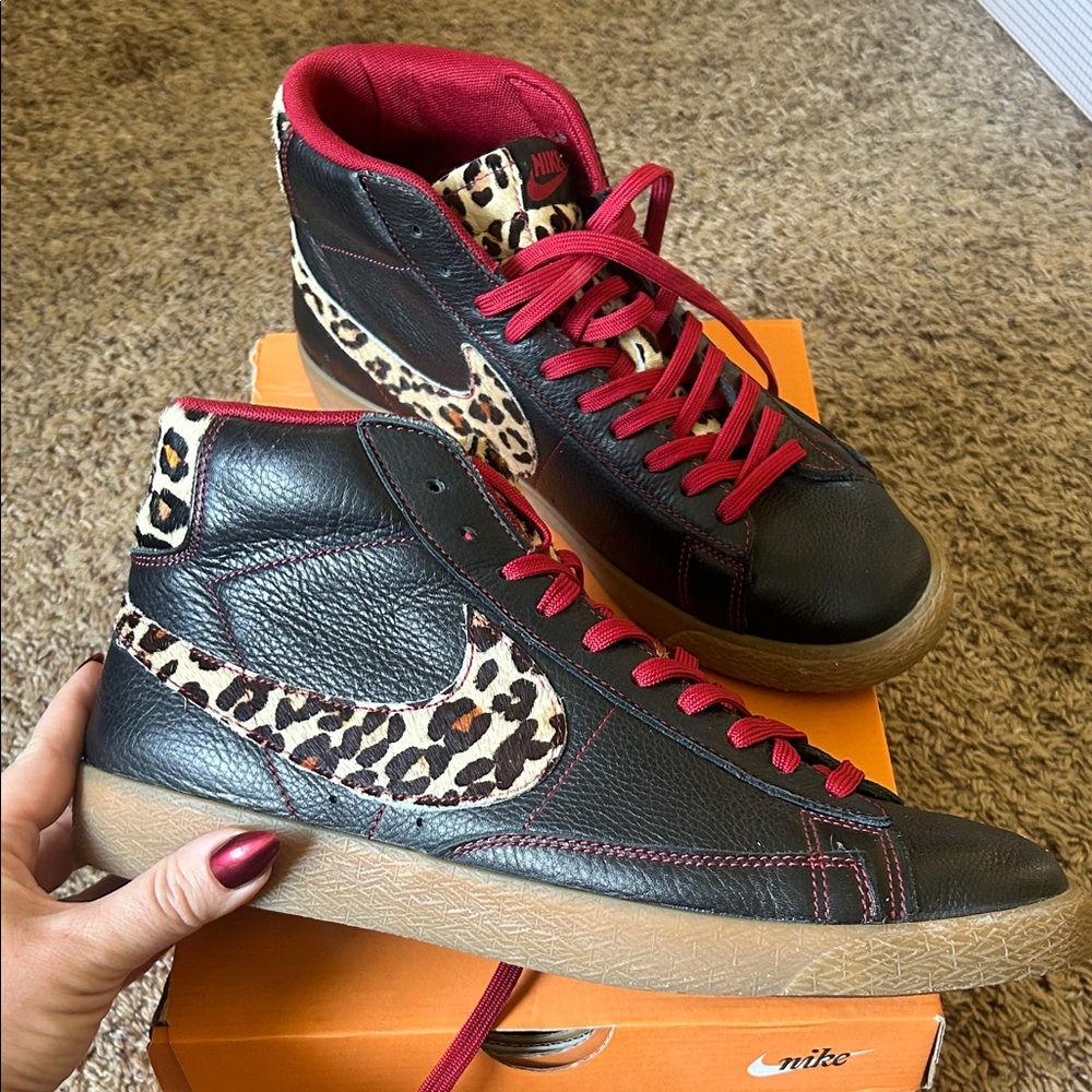 Nike Black and Red High-Top Sneakers with Leopard Accents